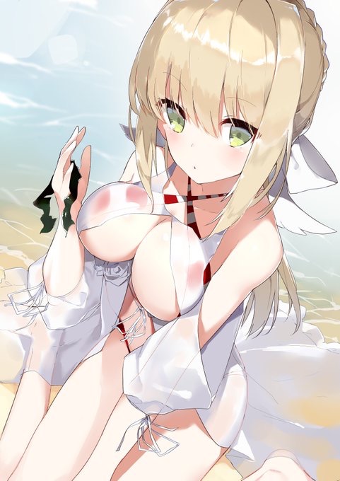 bangs bare_shoulders beach bikini blonde_hair blush braid breasts collarbone commentary_request criss-cross_halter dress eyebrows_visible_through_hair fate/extra fate/grand_order fate_(series) french_braid gown green_eyes halterneck hips kura_ekaki large_breasts long_hair looking_at_viewer nero_claudius_(fate)_(all) nero_claudius_(swimsuit_caster)_(fate) open_mouth red_bikini see-through sitting solo striped striped_bikini swimsuit thighs wariza