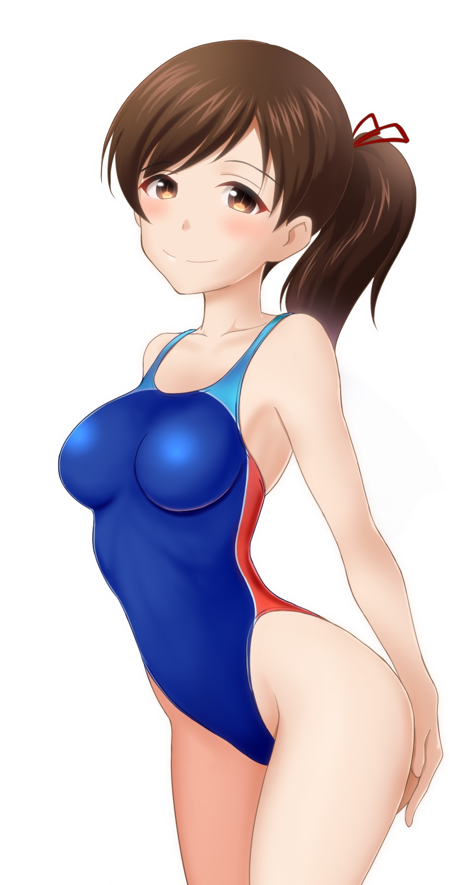 bangs bare_shoulders blue_swimsuit blush breasts brown_eyes brown_hair collarbone commentary_request competition_swimsuit eyebrows_visible_through_hair highleg highleg_swimsuit highres hips idolmaster idolmaster_cinderella_girls long_hair looking_at_viewer medium_breasts nitta_minami one-piece_swimsuit ponytail simple_background smile solo swept_bangs swimsuit taka_(takahirokun) thighs white_background