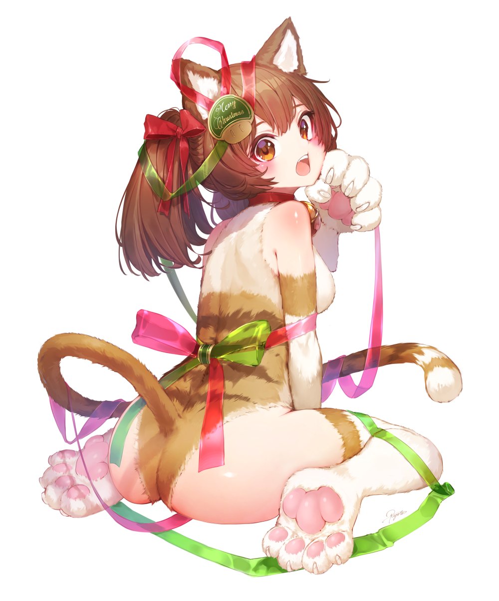 1up animal_ears ass back bangs bare_shoulders bell bell_collar blush breasts brown_eyes brown_hair cat_ears cat_tail claws collar cursive english food_themed_hair_ornament from_behind full_body fur furry green_ribbon hair_between_eyes hair_ornament hair_ribbon hand_up head_tilt highres jingle_bell looking_at_viewer looking_back mario_(series) medium_breasts medium_hair merry_christmas mushroom_hair_ornament on_floor open_mouth original paw_pose paws red_collar red_ribbon ribbon ryota_(ry_o_ta) see-through shiny shiny_hair shiny_skin shoulder_blades signature simple_background sitting solo super_mario_bros. tail twintails wariza white_background