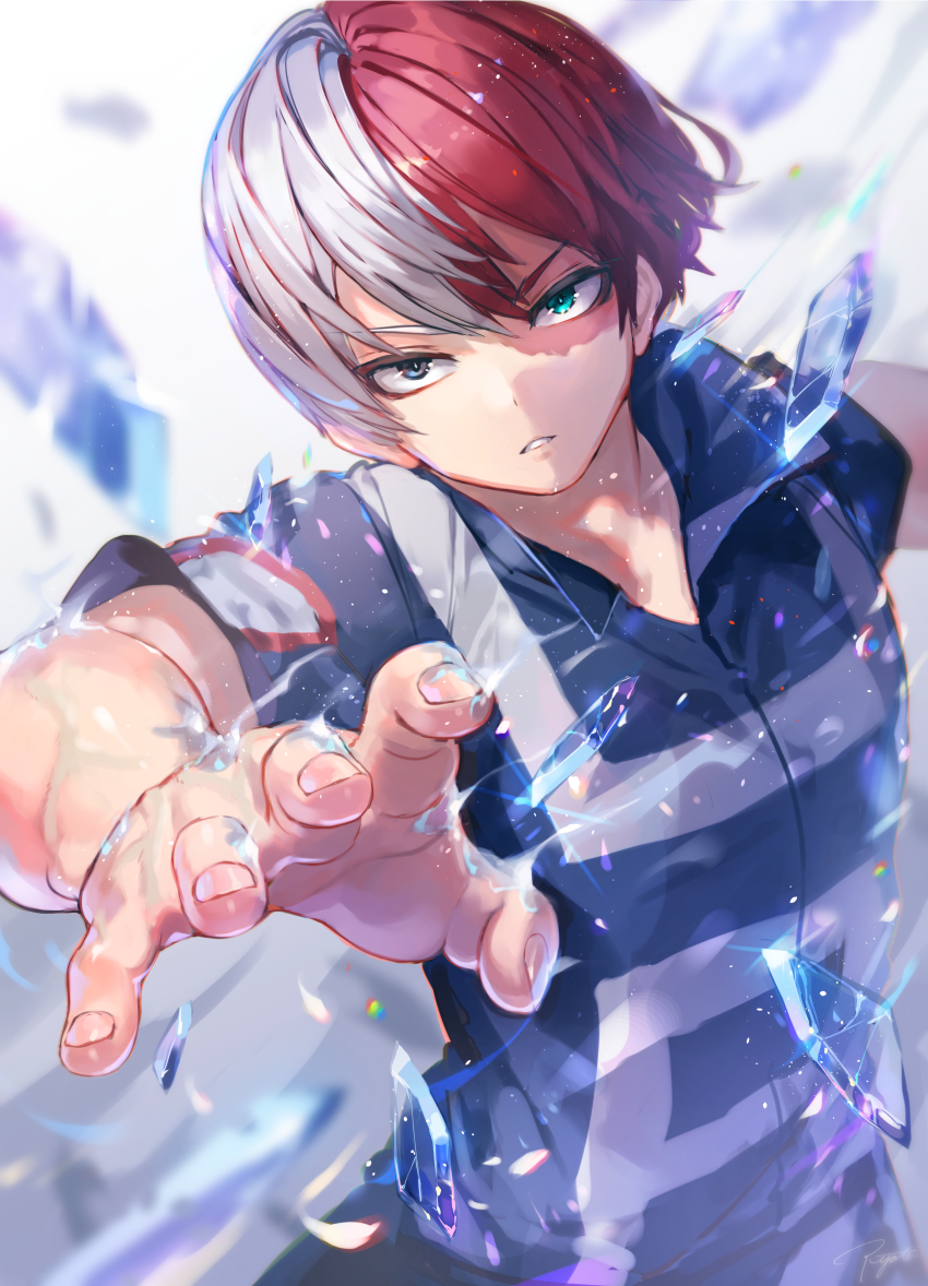 bangs blue_shirt blurry boku_no_hero_academia burn_scar collared_shirt cryokinesis depth_of_field fingernails green_eyes grey_eyes grey_hair hair_between_eyes heterochromia ice light_particles looking_at_viewer male_focus multicolored_hair outstretched_arm parted_lips popped_collar reaching_out red_hair refraction ryota_(ry_o_ta) scar scar_across_eye shirt short_sleeves solo todoroki_shouto tsurime two-tone_hair upper_body white_background