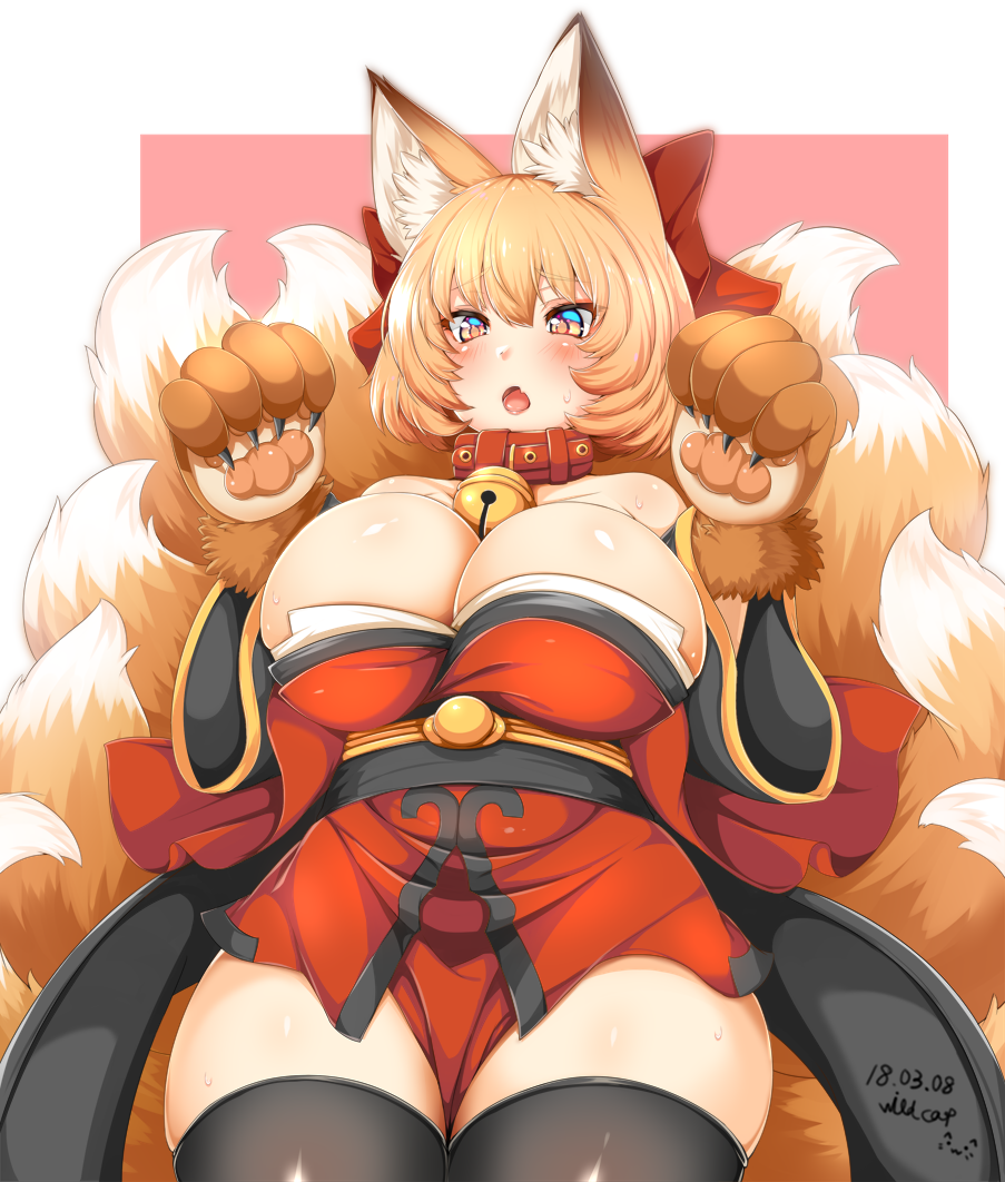 animal_ear_fluff animal_ears artist_name bangs bare_shoulders bell bell_collar black_legwear blonde_hair breasts claws cleavage collar cosplay dated eyebrows_visible_through_hair fate/grand_order fate_(series) fox_ears fox_tail gloves hands_up japanese_clothes jingle_bell kimono large_breasts looking_at_viewer multiple_tails no_hat no_headwear open_mouth paw_gloves paws pink_background sash signature solo sweat tail tamamo_(fate)_(all) tamamo_cat_(fate) tamamo_cat_(fate)_(cosplay) thighhighs touhou two-tone_background white_background wide_hips wide_sleeves wildcat_(kusonemi) yakumo_ran yellow_eyes