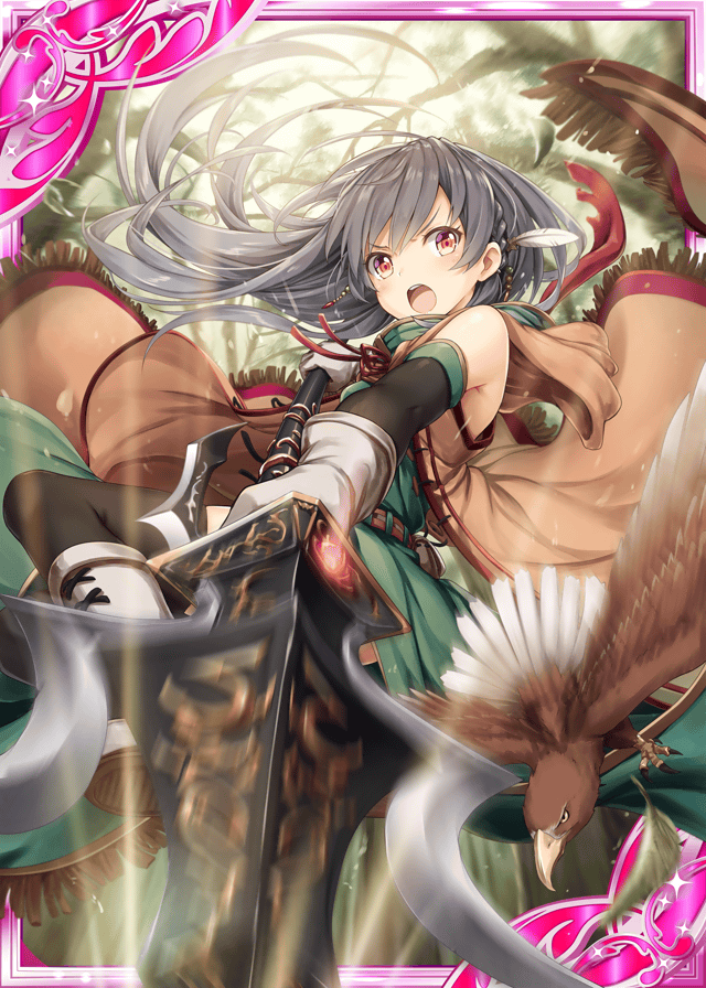 akkijin bird boots brown_gloves card_(medium) coat feathers forest gloves green_coat grey_hair hawk holding holding_lance holding_weapon lance nature official_art orange_eyes polearm shinkai_no_valkyrie solo thighhighs weapon