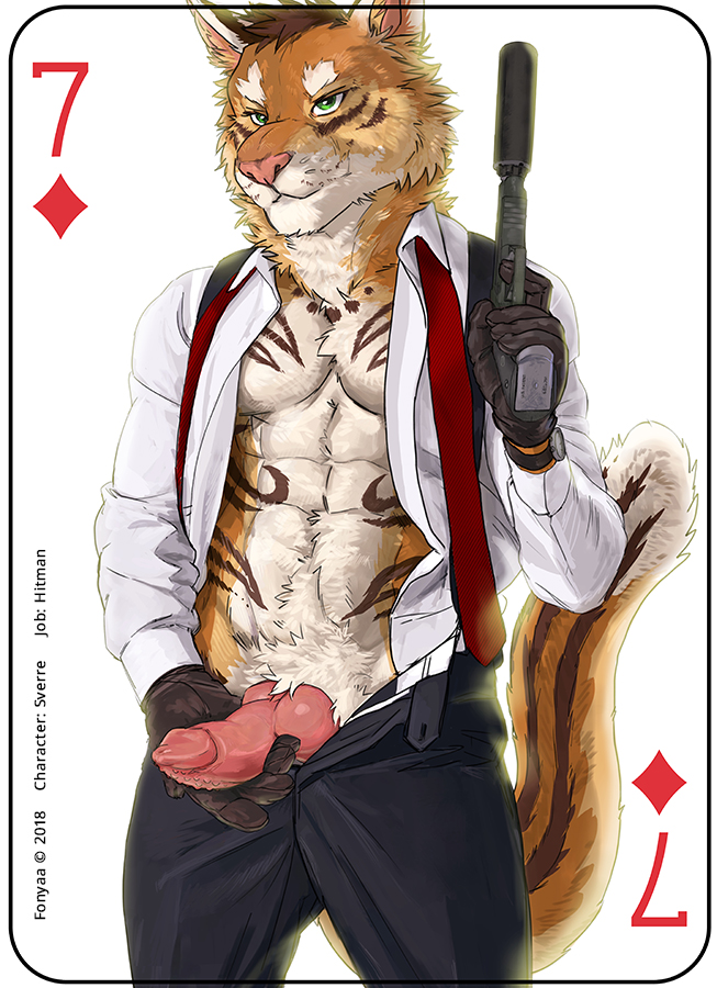 2018 abs anthro athletic brown_hair canine card clothed clothing digital_media_(artwork) erection feline fonyaa fur gloves green_eyes gun hair handgun hi_res holding_object holding_weapon hybrid knot male mammal markings necktie pecs penis playing_card pointy_ears ranged_weapon simple_background solo standing stripes sverre_(tigerlover1) text tiger watch weapon wolf