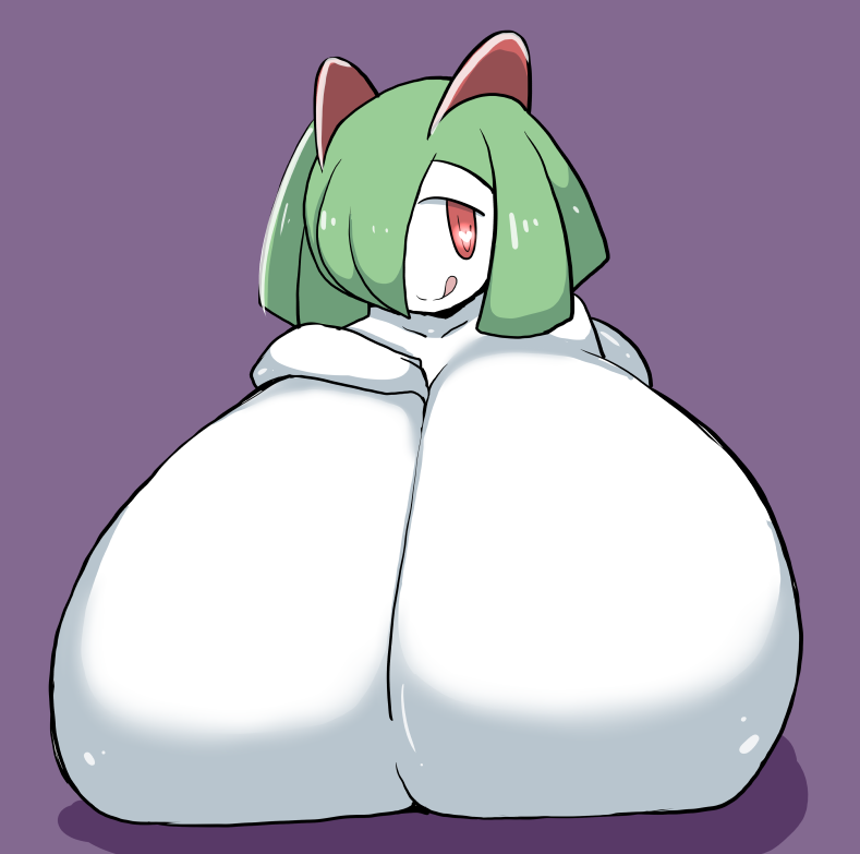 2018 big_breasts breasts female green_hair hair huge_breasts humanoid hyper hyper_breasts kirlia licking licking_lips looking_at_viewer nintendo not_furry petronoise pok&eacute;mon pok&eacute;mon_(species) red_eyes simple_background smile solo tongue tongue_out video_games