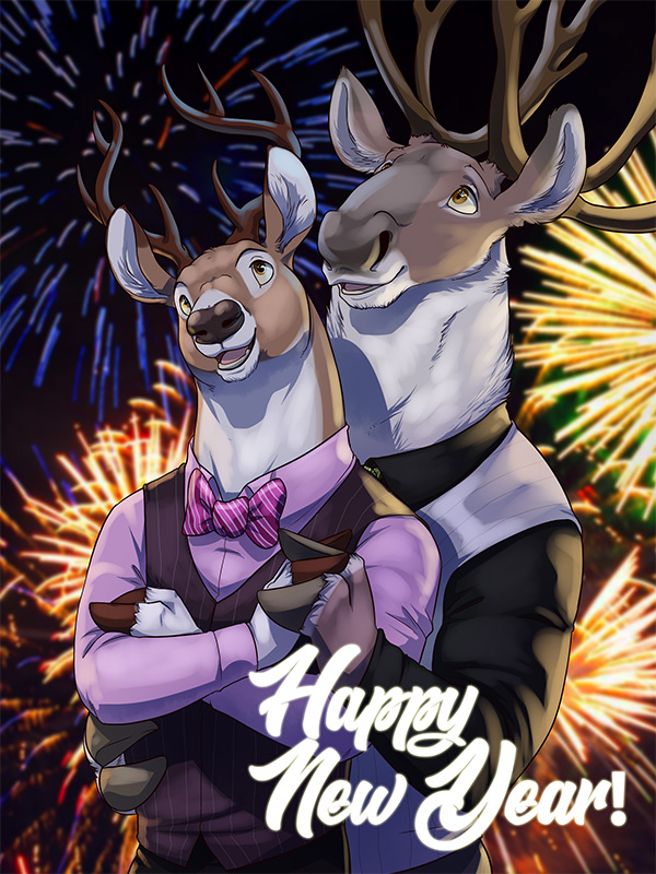 anthro antlers bow_tie cervine deer duo eclipticafusion_(artist) fireworks holidays hooves horn male male/male mammal new_year reindeer smile teeth