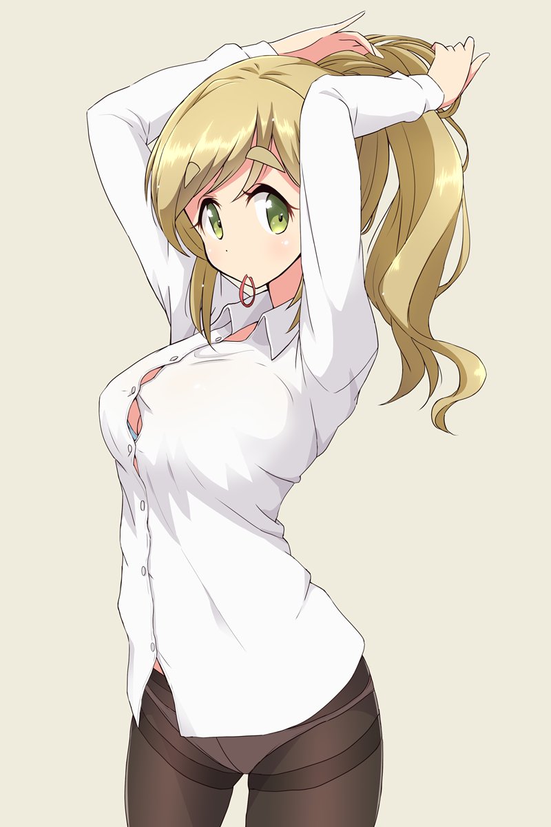 adjusting_hair blonde_hair blue_bra bra commentary dress_shirt eyebrows_visible_through_hair green_eyes hair_tie hair_tie_in_mouth highres inuyama_aoi long_hair long_sleeves mel_(melty_pot) mouth_hold no_pants panties panties_under_pantyhose pantyhose ponytail shirt simple_background solo thick_eyebrows tying_hair underwear yurucamp