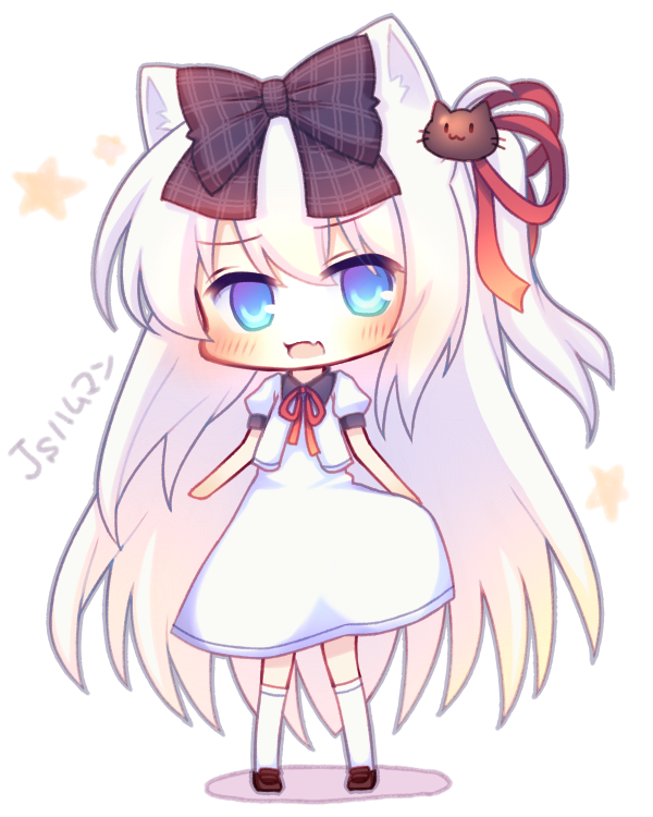 :d alternate_costume animal_ears azur_lane bangs black_bow blue_eyes blush bow brown_footwear cat_ears cat_hair_ornament chibi dress eyebrows_visible_through_hair fang full_body hair_between_eyes hair_bow hair_ornament hair_ribbon hammann_(azur_lane) head_tilt kneehighs loafers long_hair one_side_up open_mouth puffy_short_sleeves puffy_sleeves red_ribbon ribbon sakurato_ototo_shizuku shirt shoes short_sleeves silver_hair simple_background skirt_hold smile solo standing star very_long_hair white_background white_dress white_legwear white_shirt