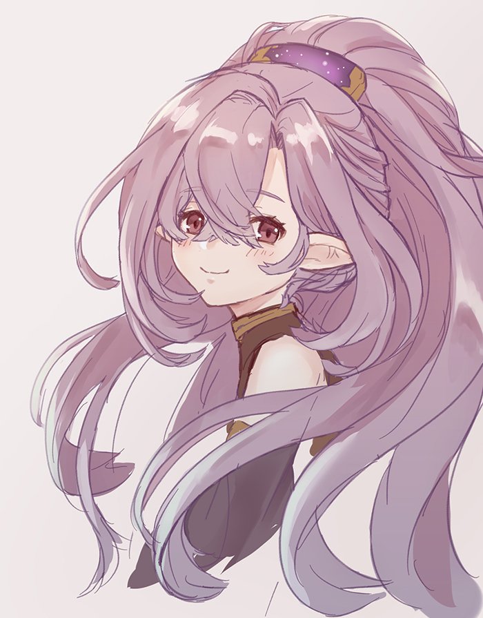 blush_stickers chabo213 commentary_request detached_sleeves eyebrows_visible_through_hair granblue_fantasy hair_between_eyes hair_ornament harvin long_hair nio_(granblue_fantasy) pointy_ears ponytail purple_eyes purple_hair smile