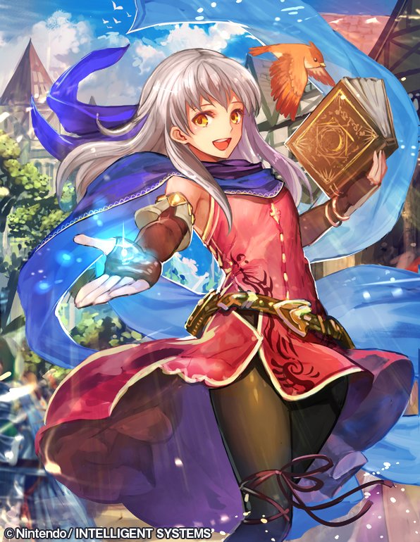 :d bangle bare_shoulders bird black_gloves blue_scarf blush book bracelet cloud commentary_request day dress elbow_gloves fingerless_gloves fire_emblem fire_emblem:_akatsuki_no_megami fire_emblem_cipher gloves hair_ribbon half_updo jewelry long_hair magic micaiah nij_24 official_art open_mouth outstretched_arm pantyhose ribbon scarf side_slit silver_hair sleeveless sleeveless_dress smile solo town yellow_eyes yune