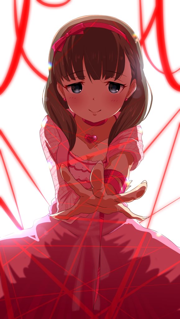 blue_eyes blush breasts brown_hair choker cleavage dress earrings eyebrows_visible_through_hair hairband heart idolmaster idolmaster_cinderella_girls jewelry looking_at_viewer medium_breasts medium_hair nail nanananananasea outstretched_arms pink_dress reaching reaching_out red_string ribbon sakuma_mayu simple_background smile solo spread_fingers string stud_earrings tareme white_background wrist_ribbon