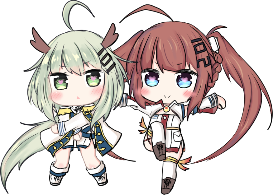 :&gt; :&lt; ahoge anshan_(azur_lane) azur_lane bailingxiao_jiu bangs blue_eyes blush boots braid brown_footwear brown_hair cape chibi closed_mouth commentary_request cross-laced_footwear detached_sleeves dress epaulettes eyebrows_visible_through_hair fu_shun_(azur_lane) green_eyes green_hair hair_ornament heart heart-shaped_pupils horns lace-up_boots long_hair long_sleeves looking_at_viewer multiple_girls outstretched_arms parted_lips shoes short_dress sidelocks simple_background standing standing_on_one_leg symbol-shaped_pupils thighhighs triangle_mouth twintails very_long_hair white_background white_cape white_dress white_footwear white_legwear