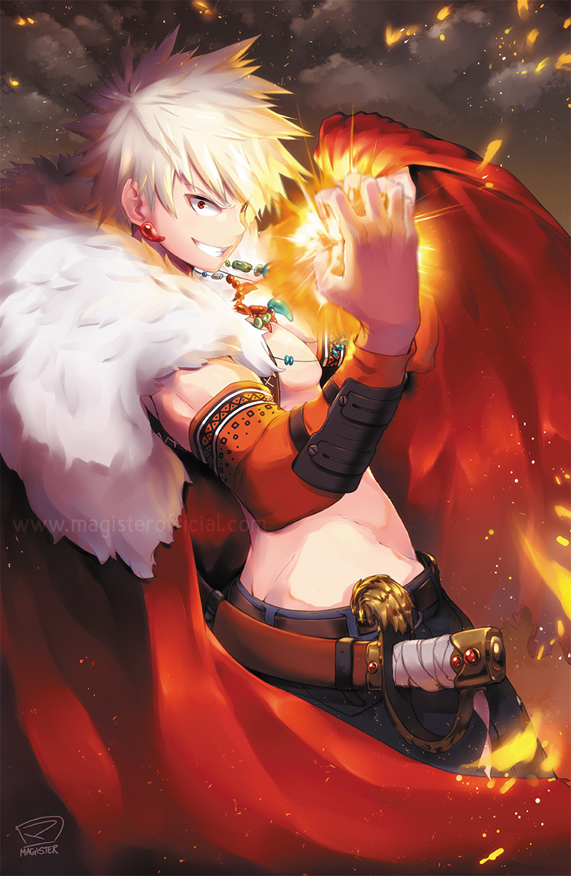 bakugou_katsuki boku_no_hero_academia cloak crazy_eyes detached_sleeves earrings explosion fur_collar grin highres jewelry looking_at_viewer magatama magister_(medical_whiskey) male_focus midriff necktie red_eyes smile solo spiked_hair sword vambraces weapon