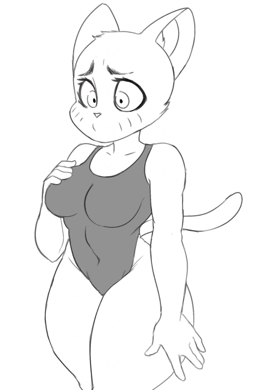 anthro big_breasts breasts cartoon_network cat clothed clothing embarrassed feline female fur gloomyacid_(artist) invalid_tag mammal mature_female nicole_watterson solo swimsuit the_amazing_world_of_gumball tight_clothing wide_hips