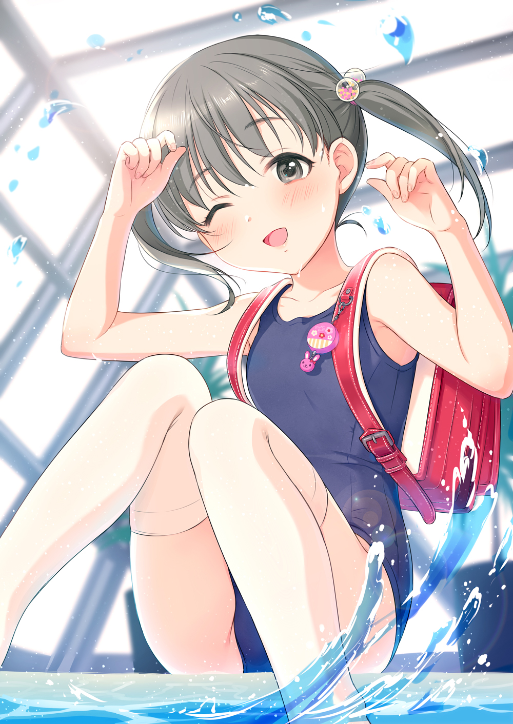 :d backpack bag bangs bare_arms bare_shoulders blue_swimsuit blurry blurry_foreground blush commentary_request depth_of_field eyebrows_visible_through_hair feet_out_of_frame fingernails grey_eyes grey_hair hair_bobbles hair_ornament hands_up highres looking_at_viewer one-piece_swimsuit one_eye_closed open_mouth original pool randoseru rei_no_pool school_swimsuit sitting smile solo swimsuit thighhighs tsukana_(saba_mizore) twintails wading water white_legwear