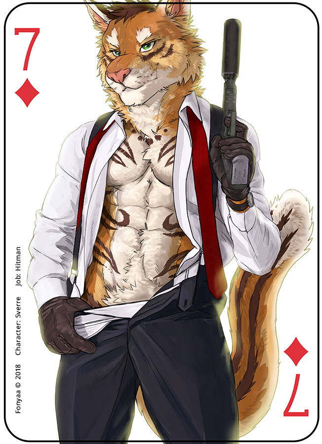 2018 abs anthro athletic canine card clothed clothing digital_media_(artwork) feline fonyaa fur gloves gun hair handgun hi_res holding_object holding_weapon hybrid male mammal necktie pecs playing_card pointy_ears ranged_weapon silencer simple_background solo standing sverre_(tigerlover1) text tiger weapon wolf