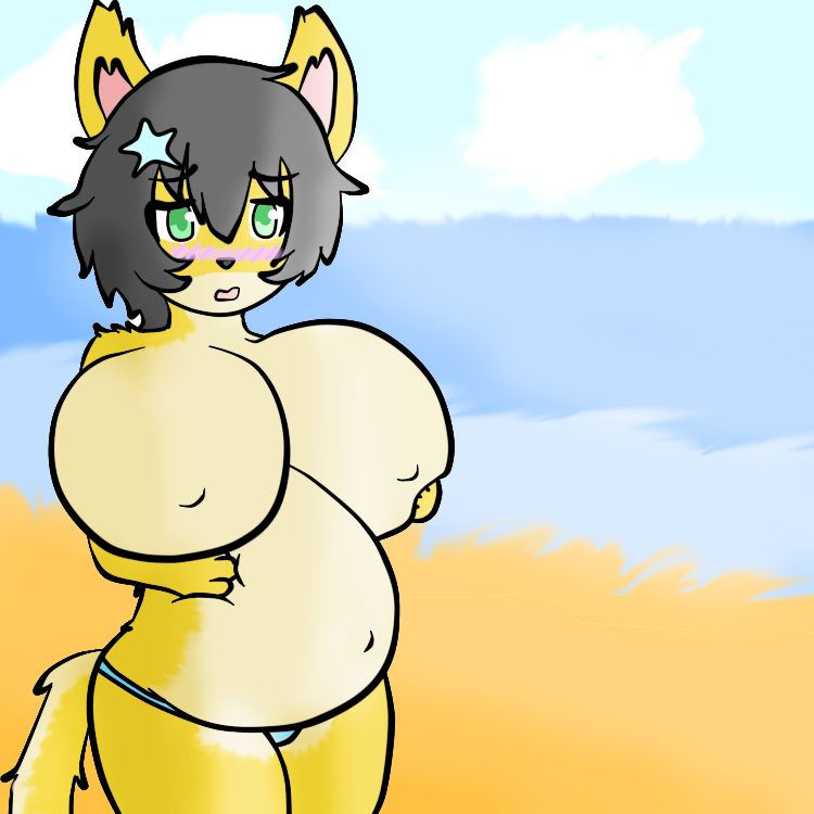 anthro beach belly big_belly big_breasts black_hair blush breast_expansion breasts cat catsikune catsikune_(character) clothed clothing crossdressing cute feline female fluffy fluffy_tail fur green_eyes hair huge_breasts inflation male_pregnancy mammal navel nipples panties pregnant seaside solo squish squishy underwear yellow_fur