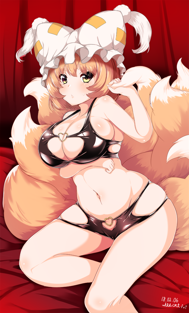 :&lt; arm_under_breasts artist_name bangs bare_arms bare_legs bare_shoulders bikini black_bikini breast_hold breasts cleavage commentary_request dated fox_tail halter_top halterneck hat heart large_breasts light_brown_hair looking_at_viewer multiple_tails navel ofuda pillow_hat shiny shiny_clothes short_hair signature sitting skindentation solo sweatdrop swimsuit tail tassel touhou white_hat wildcat_(kusonemi) yakumo_ran yellow_eyes