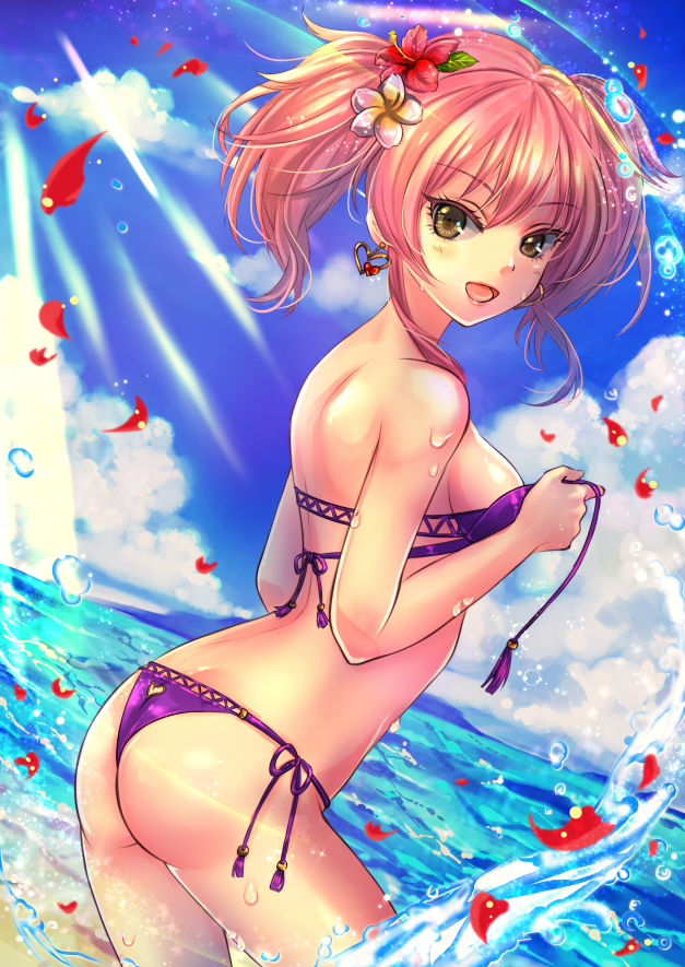 :d akari1205 ass bare_shoulders bikini blush breasts brown_eyes commentary_request earrings flower hair_flower hair_ornament heart heart_earrings idolmaster idolmaster_cinderella_girls jewelry jougasaki_mika looking_at_viewer looking_back medium_breasts open_mouth petals pink_hair purple_bikini side-tie_bikini smile solo swimsuit twintails untied untied_bikini water