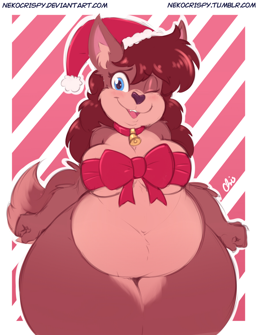 2017 anthro bell belly big_belly big_breasts blue_eyes breasts brown_hair canine christmas collar cute dog female hair hat holidays mammal mary_blissany nekocrispy nude one_eye_closed overweight ribbons santa_hat simple_background solo thick_thighs wide_hips wink
