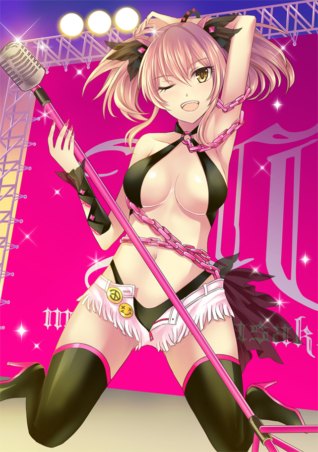 :d black_bra black_footwear black_panties boots bra chain commentary_request fingernails high_heel_boots high_heels idolmaster idolmaster_cinderella_girls jougasaki_mika kaen_(k-artworks) long_fingernails looking_at_viewer microphone microphone_stand nail_polish navel o-ring one_eye_closed open_mouth panties pink_hair pink_nails sharp_fingernails short_shorts shorts smile solo stage stage_lights thigh_boots thighhighs twintails underwear yellow_eyes
