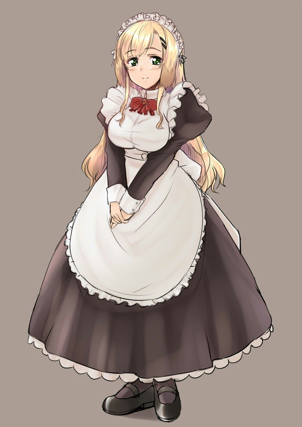 apron bangs black_dress black_footwear black_legwear blonde_hair blush brown_background closed_mouth commentary_request dress eyebrows_visible_through_hair full_body green_eyes hair_ornament hairclip highres iga_tamaki juliet_sleeves long_hair long_sleeves maid maid_apron maid_headdress mary_janes original own_hands_together pantyhose puffy_sleeves shoes simple_background smile solo standing very_long_hair white_apron