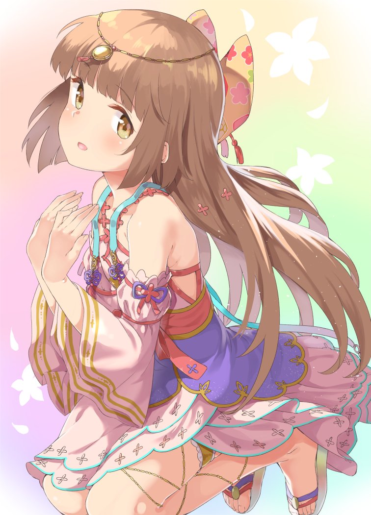 bangs bare_shoulders blunt_bangs blush body_chain bow brown_eyes brown_hair chain detached_sleeves dress eyebrows_visible_through_hair flat_chest floral_background from_side gold_chain gold_trim gradient gradient_background hair_bow hair_ornament hands_together head_chain idolmaster idolmaster_cinderella_girls idolmaster_cinderella_girls_starlight_stage japanese_clothes jewelry kneeling layered_dress leg_garter long_hair looking_at_viewer mamedenkyuu_(berun) open_mouth pink_dress sandals smile solo very_long_hair wide_sleeves yorita_yoshino