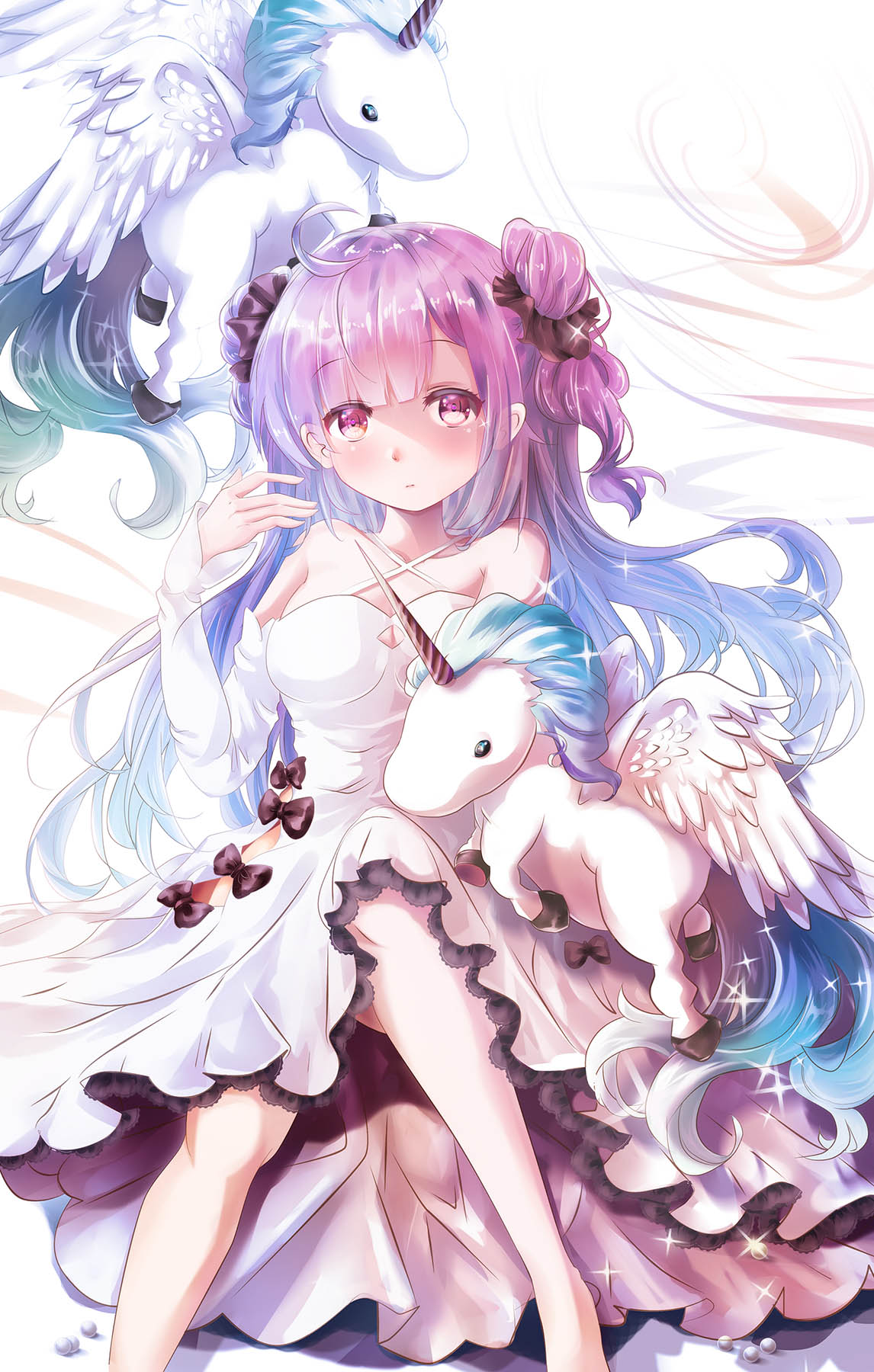 ahoge alicorn animal azur_lane bangs bare_shoulders barefoot black_bow black_ribbon bow breasts closed_mouth collarbone criss-cross_halter detached_sleeves double_bun dress eyebrows_visible_through_hair hair_ribbon halterneck hand_up highres long_hair long_sleeves looking_at_viewer medium_breasts mutang one_side_up ribbon side_bun sleeves_past_wrists solo sparkle unicorn_(azur_lane) very_long_hair white_dress