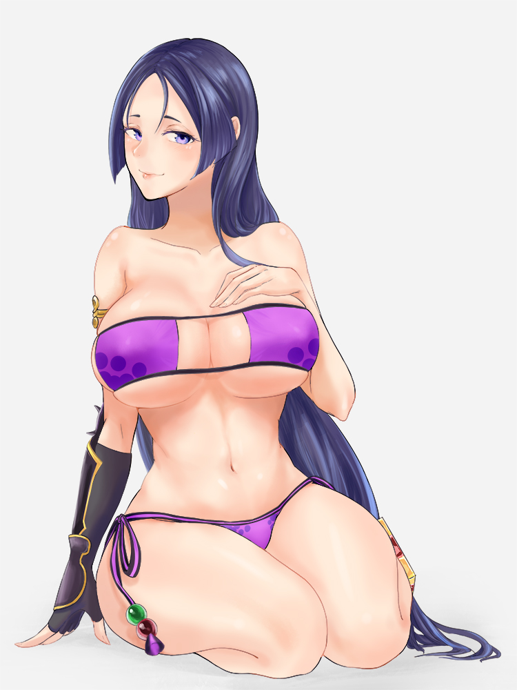 arm_guards armlet bangs bare_shoulders beads bikini black_gloves blush breasts cleavage collarbone commentary_request curvy eyepatch_bikini fate/grand_order fate_(series) fingerless_gloves gloves hand_on_own_chest hips large_breasts long_hair looking_at_viewer low-tied_long_hair minamoto_no_raikou_(fate/grand_order) minamoto_no_raikou_(swimsuit_lancer)_(fate) navel olin_(nienxddd) parted_bangs purple_bikini purple_eyes purple_hair seiza side-tie_bikini simple_background sitting smile solo swimsuit thighs very_long_hair