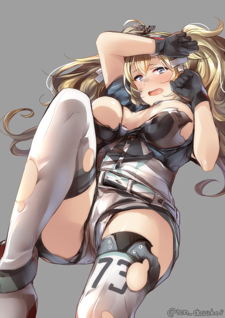 belt black_gloves blonde_hair blue_eyes blush boots breasts commentary_request gambier_bay_(kantai_collection) gloves grey_background juurouta kantai_collection large_breasts long_hair looking_at_viewer lying on_back open_mouth shirt shorts simple_background solo thighhighs torn_clothes torn_legwear torn_shirt torn_shorts twintails