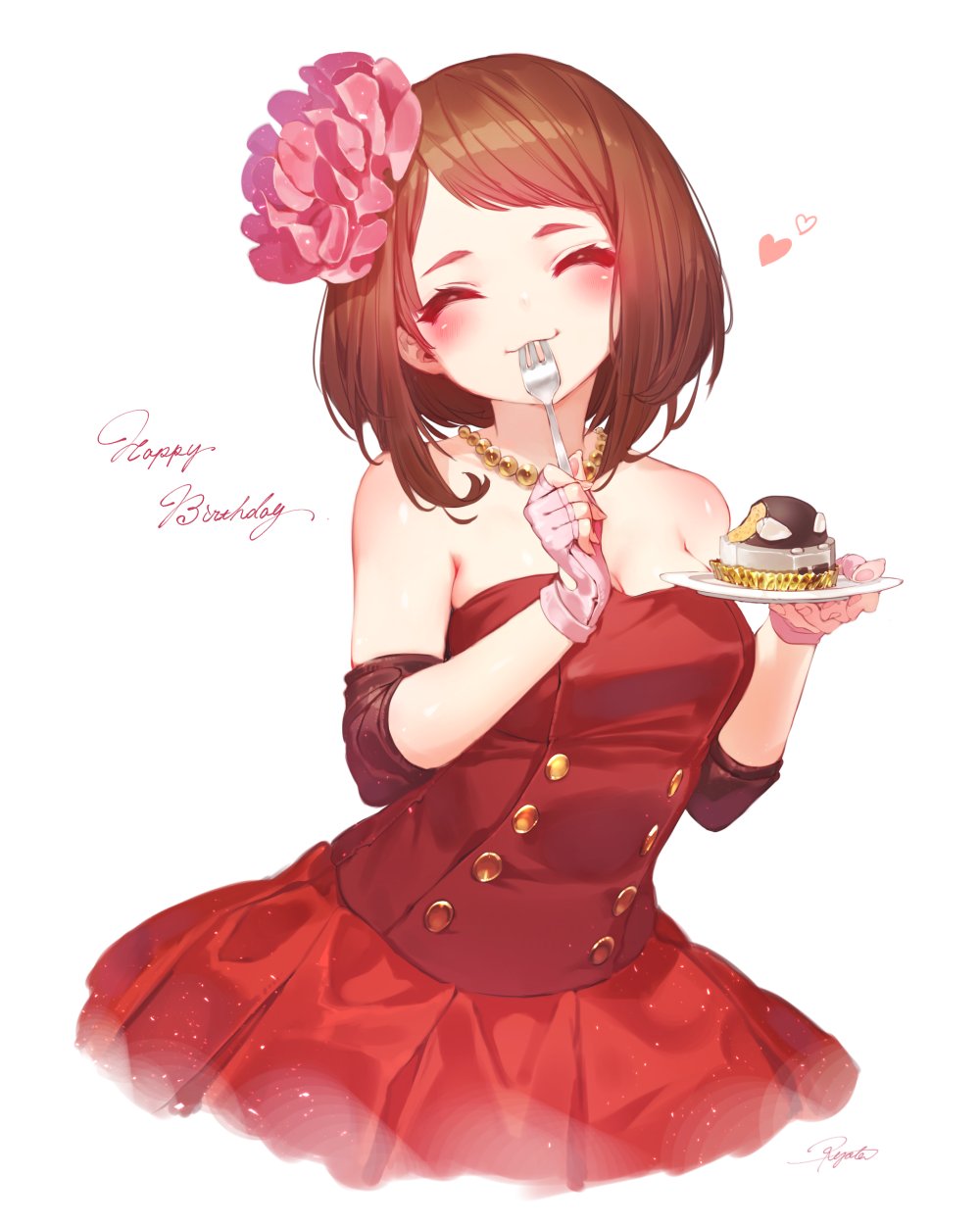 :3 ^_^ alternate_costume bangs bare_shoulders bead_necklace beads blush boku_no_hero_academia breasts brown_hair buttons cake cleavage closed_eyes collarbone commentary_request cursive detached_sleeves double-breasted dress eating english facing_viewer fingerless_gloves fingernails food fork fork_in_mouth gloves hair_ornament hair_scrunchie happy happy_birthday head_tilt heart highres holding holding_fork holding_plate jewelry medium_breasts medium_hair necklace no.13 pink_gloves pink_scrunchie plate pleated_dress red_dress ryota_(ry_o_ta) scrunchie shiny shiny_hair shiny_skin signature simple_background smile solo strapless strapless_dress swept_bangs taut_clothes taut_dress uraraka_ochako white_background |3