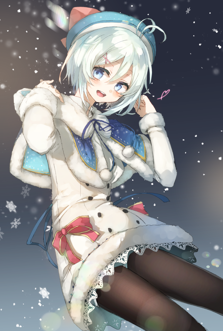 :d black_legwear blue_eyes blush capelet chibirisu coat dennou_shoujo_youtuber_shiro double-breasted hat highres looking_at_viewer open_mouth shiro_(dennou_shoujo_youtuber_shiro) shorts smile teeth virtual_youtuber white_hair winter_clothes winter_coat