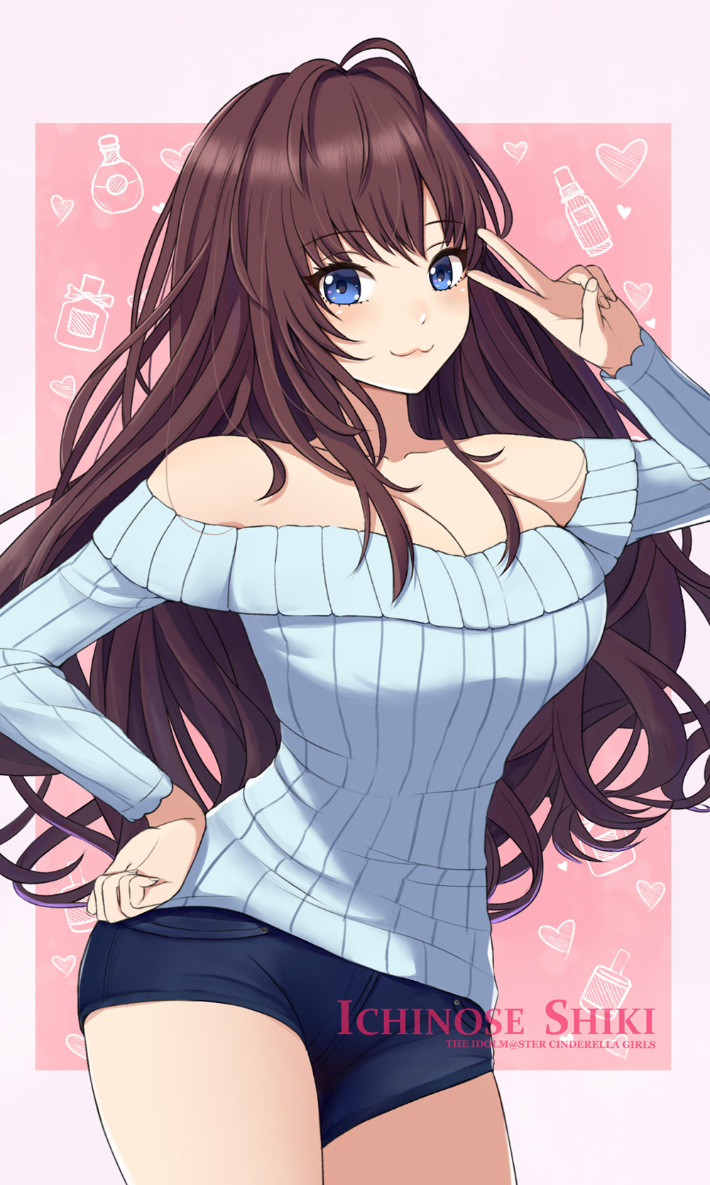 :3 ahoge bangs bare_shoulders blue_eyes blue_sweater border bottle breasts brown_hair character_name cleavage commentary_request denim denim_shorts eyebrows_visible_through_hair fou_zi hand_gesture hand_on_hip heart highres hips ichinose_shiki idolmaster idolmaster_cinderella_girls large_breasts long_hair looking_at_viewer md5_mismatch off-shoulder_sweater off_shoulder perfume_bottle pink_background ribbed_sweater shorts smile solo sweater thighs v wavy_hair white_border