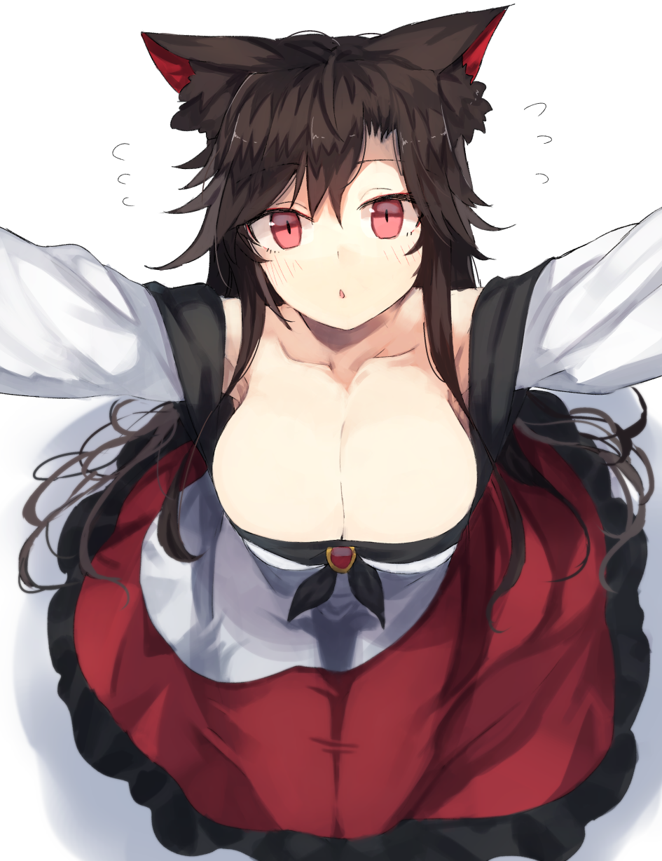 animal_ears armpit_peek bare_shoulders blush breasts brooch brown_hair cleavage collarbone commentary_request dress eyebrows_visible_through_hair flying_sweatdrops from_above highres imaizumi_kagerou jewelry kasuka_(kusuki) large_breasts long_hair looking_at_viewer looking_up off-shoulder_dress off_shoulder outstretched_arms parted_lips red_eyes seiza shadow simple_background sitting solo touhou very_long_hair white_background wolf_ears