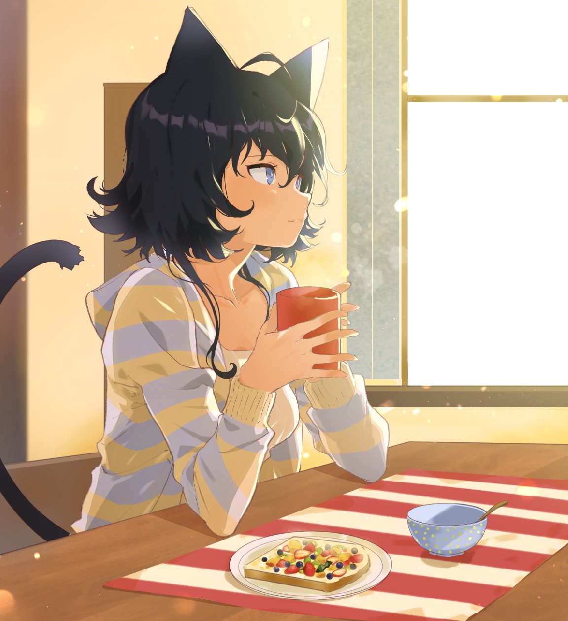 2hands1cup :3 ahoge animal_ears arutera banned_artist black_hair blue_eyes bowl breakfast breasts cat_ears cat_tail coffee_mug collarbone cup elbows_on_table eyelashes food fruit hair_between_eyes highres holding holding_cup hood hoodie light_smile medium_breasts messy_hair mug original placemat profile shiny shiny_hair short_hair sidelocks sitting solo striped_hoodie sunlight table tail toast tsurime window