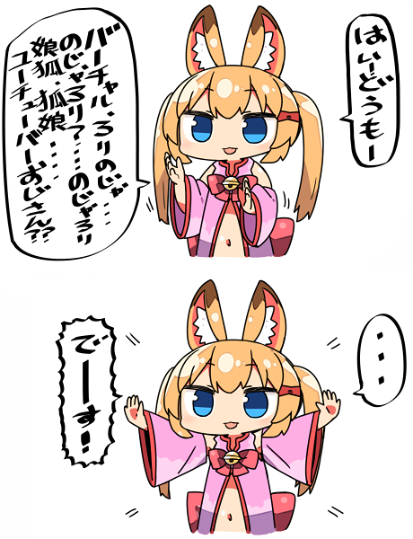 1girl 2koma :d animal_ear_fluff animal_ears bell blonde_hair blue_eyes bow bowtie brown_hair china_dress chinese_clothes comic detached_sleeves dress emphasis_lines eyebrows_visible_through_hair fox_ears hair_bow hands_up jingle_bell kanikama kemomimi_oukoku_kokuei_housou long_hair long_sleeves looking_at_viewer mikoko_(kemomimi_oukoku_kokuei_housou) navel open_mouth outstretched_arms pink_dress red_bow red_neckwear smile spoken_ellipsis spread_arms translated twintails virtual_youtuber wide_sleeves