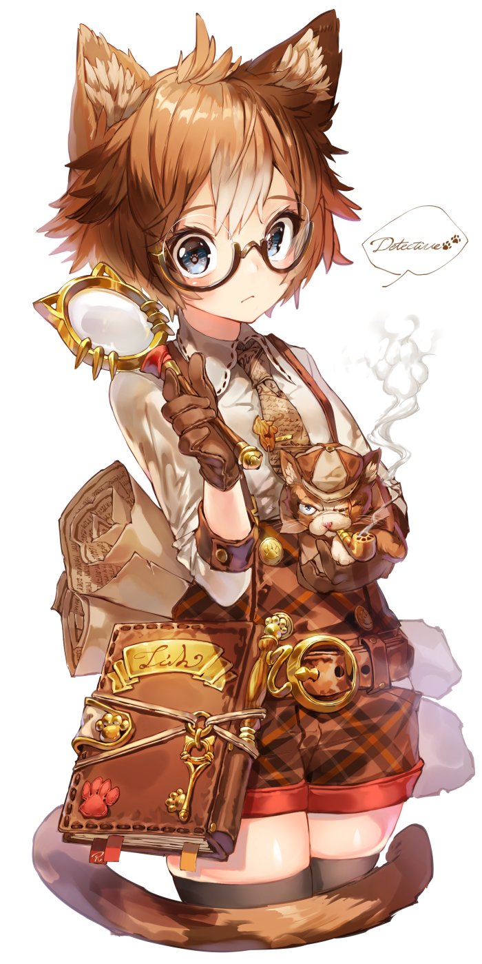 1girl :&lt; animal animal_ears bangs belt belt_buckle black_legwear blue_eyes blush book brown-framed_eyewear brown_belt brown_cat brown_gloves brown_hair brown_hat brown_neckwear buckle cat cat_ears cat_tail closed_mouth collared_shirt commentary cowboy_shot cropped_legs dress_shirt english english_commentary glasses gloves gradient_hair hair_between_eyes hat highres holding holding_animal holding_cat key legs_together long_sleeves looking_at_viewer magnifying_glass missing_eye multicolored_hair necktie original overall_shorts paw_print pipe plaid plaid_shorts print_neckwear round_eyewear ryota_(ry_o_ta) scar scar_across_eye scroll semi-rimless_eyewear shiny shiny_hair shirt short_hair shorts simple_background smoke standing suspenders symbol-shaped_pupils tail thighhighs white_background white_shirt wide-eyed wing_collar