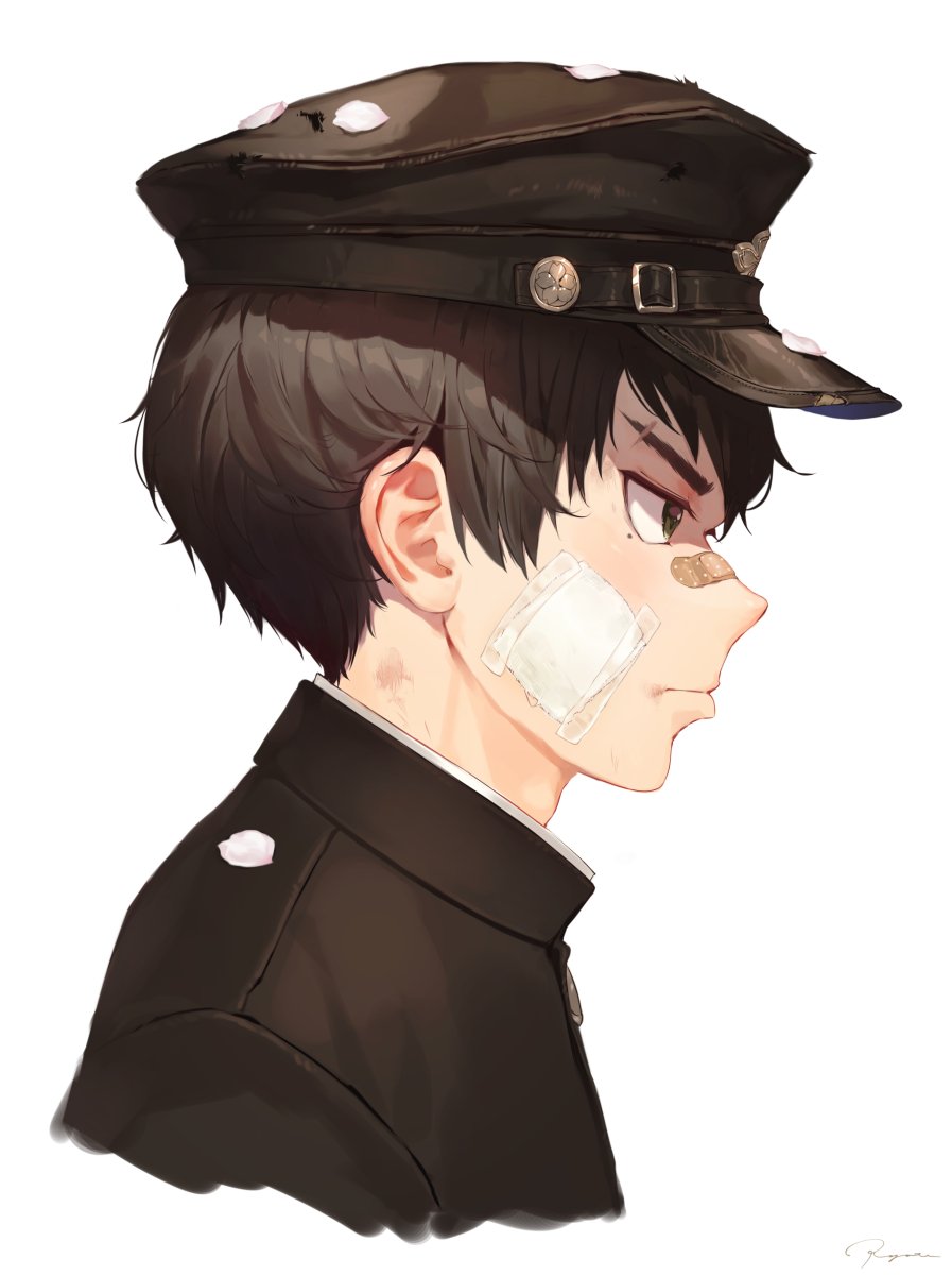 bandage_on_face bandaid bandaid_on_nose bangs black_shirt brown_hair brown_hat buckle closed_mouth cropped_torso family_crest green_eyes hat highres looking_away male_focus mole mole_under_eye original peaked_cap petals profile ryota_(ry_o_ta) shirt signature simple_background solo tape torn_clothes torn_hat v-shaped_eyebrows white_background white_shirt zipper_pull_tab