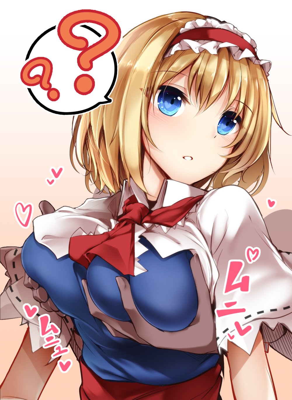 1girl ? alice_margatroid bangs blonde_hair blue_eyes breast_grab breasts capelet commentary_request eyebrows_visible_through_hair fingernails grabbing grabbing_from_behind gradient gradient_background hairband heart hetero highres hypnosis large_breasts midori_(misuriru8) mind_control red_hairband red_neckwear ribbon_trim sash solo_focus spoken_question_mark touhou underwear white_capelet wing_collar