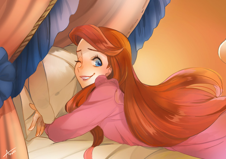 ;) ano_(sbee) ariel_(disney) artist_name bed blue_eyes curtains disney happy long_hair looking_at_viewer lying nightgown one_eye_closed pillow red_hair smile solo the_little_mermaid