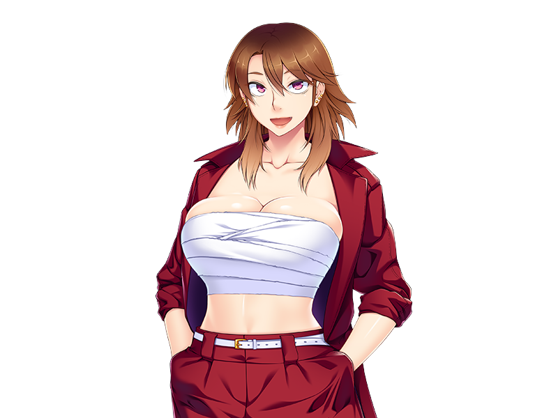 1girl belt breast_suppress breasts brown_hair cleavage collarbone earrings game_cg hair_between_eyes hands_in_pocket highres huge_breasts jacket long_hair looking_at_viewer oohara_kyuutarou open_jacket open_mouth original pink_eyes red_clothes red_jacket sarashi shirouto_yan_mama,_kosatsu_av_debut:_mitena,_onna_wa_dokyou_daze! simple_background smile solo standing transparent_background upper_body