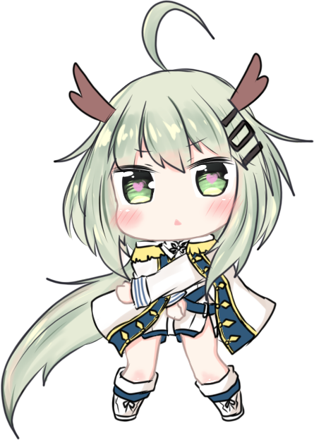 :&lt; ahoge anshan_(azur_lane) azur_lane bailingxiao_jiu bangs blush cape dress epaulettes eyebrows_visible_through_hair full_body green_eyes green_hair hair_ornament heart heart-shaped_pupils horns long_hair long_sleeves parted_lips shoes simple_background solo standing symbol-shaped_pupils triangle_mouth very_long_hair white_background white_cape white_dress white_footwear