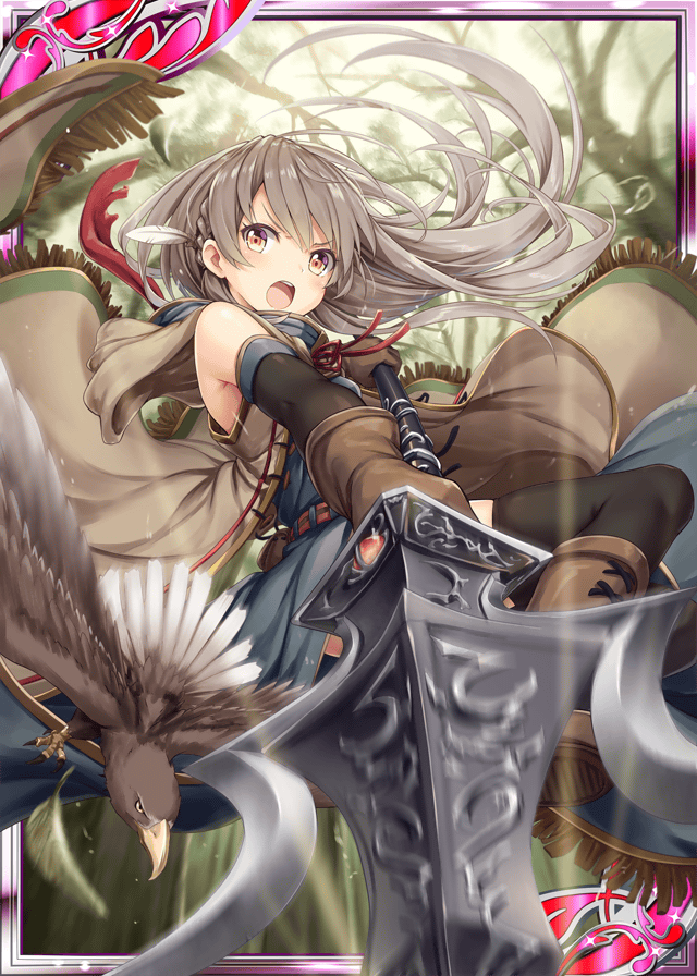 akkijin bird brown_eyes brown_gloves brown_hair card_(medium) coat feathers forest gloves hawk holding holding_lance holding_weapon lance nature official_art polearm shinkai_no_valkyrie solo thighhighs weapon