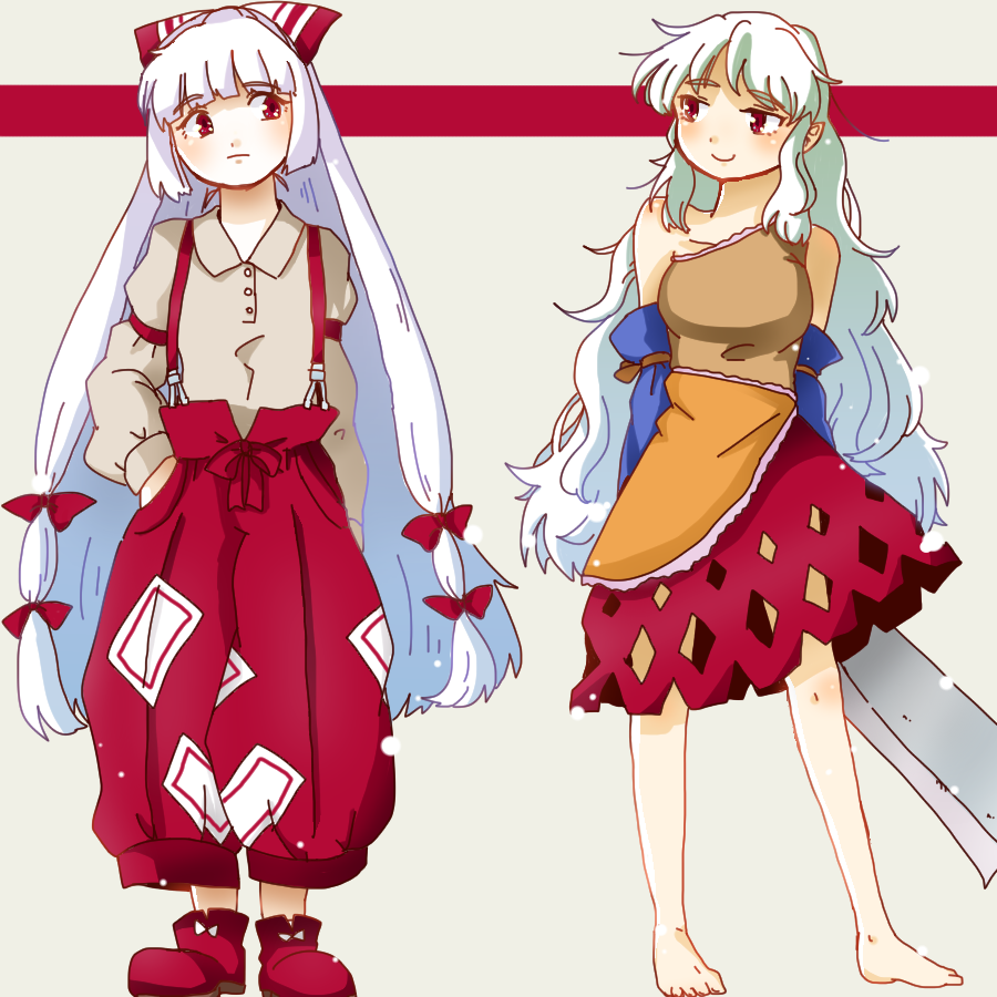 arm_at_side armband arms_behind_back baggy_pants bangs bare_legs bare_shoulders barefoot beige_blouse blouse bow buttons c: closed_mouth collarbone commentary_request detached_sleeves dress eyebrows_visible_through_hair fujiwara_no_mokou full_body hair_bow hand_in_pocket hatchet holding katowo long_hair long_sleeves looking_at_another looking_to_the_side medium_dress multicolored multicolored_clothes multicolored_dress multiple_girls ofuda ofuda_on_clothes oriental_hatchet pants red_eyes red_footwear red_pants sakata_nemuno shoe_bow shoes single_strap smile suspenders touhou very_long_hair white_bow white_hair