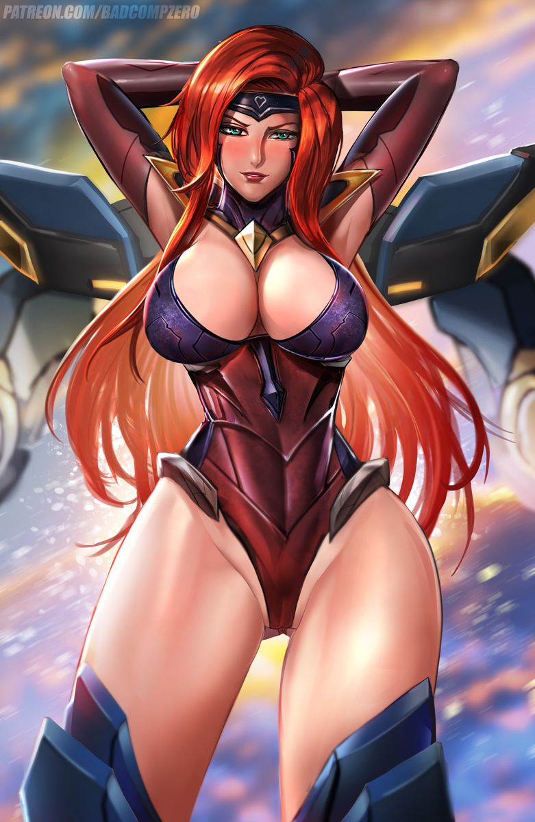 arms_behind_head arms_up ass_visible_through_thighs badcompzero blush breasts green_eyes gun_goddess_miss_fortune headband highres hips large_breasts league_of_legends lips lipstick long_hair makeup red_hair sarah_fortune solo swimsuit thick_thighs thighs very_long_hair