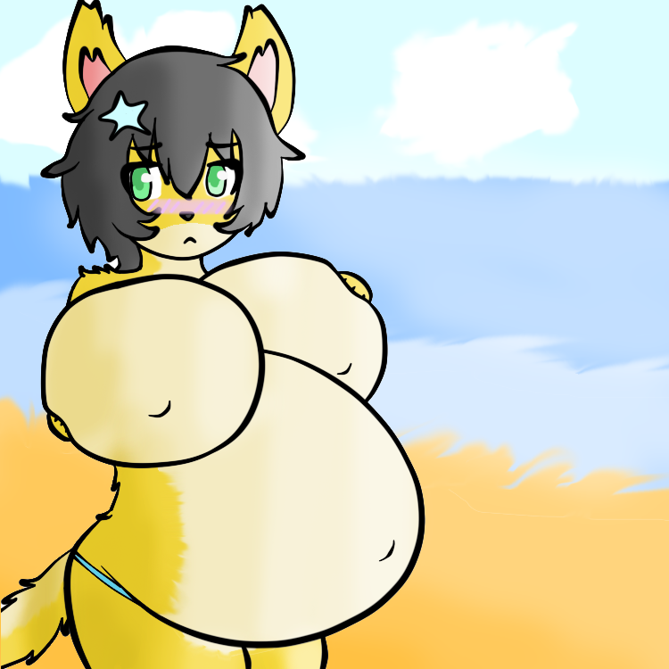 anthro belly big_belly big_breasts black_hair blush breast_expansion breasts cat catsikune catsikune_(character) clothed clothing crossdressing cute feline female fluffy fluffy_tail frown fur green_eyes hair huge_breasts inflation male_pregnancy mammal navel panties pregnant solo squish squishy underwear yellow_fur