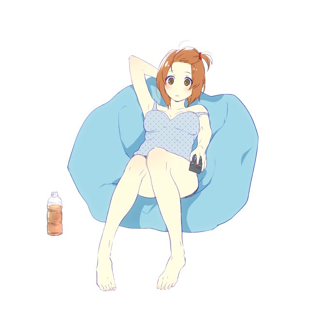 bad_id bad_twitter_id bangs bangs_pinned_back bean_bag_chair blue_shirt bottle bow brown_eyes brown_hair camisole closed_mouth commentary controller ebi_(eeemimn) girls_und_panzer hair_bow hair_up holding looking_at_viewer lying nishizumi_miho on_back polka_dot polka_dot_shirt red_bow remote_control shirt short_hair simple_background solo strap_slip tied_hair white_background