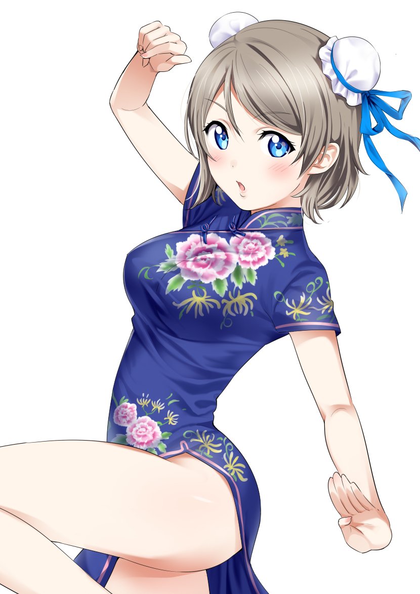 :o =o ass blue_eyes breasts china_dress chinese_clothes dress eyebrows_visible_through_hair floral_print hair_bun hair_ribbon love_live! love_live!_sunshine!! medium_breasts open_mouth pose ribbon rozen5 short_hair simple_background solo watanabe_you white_background