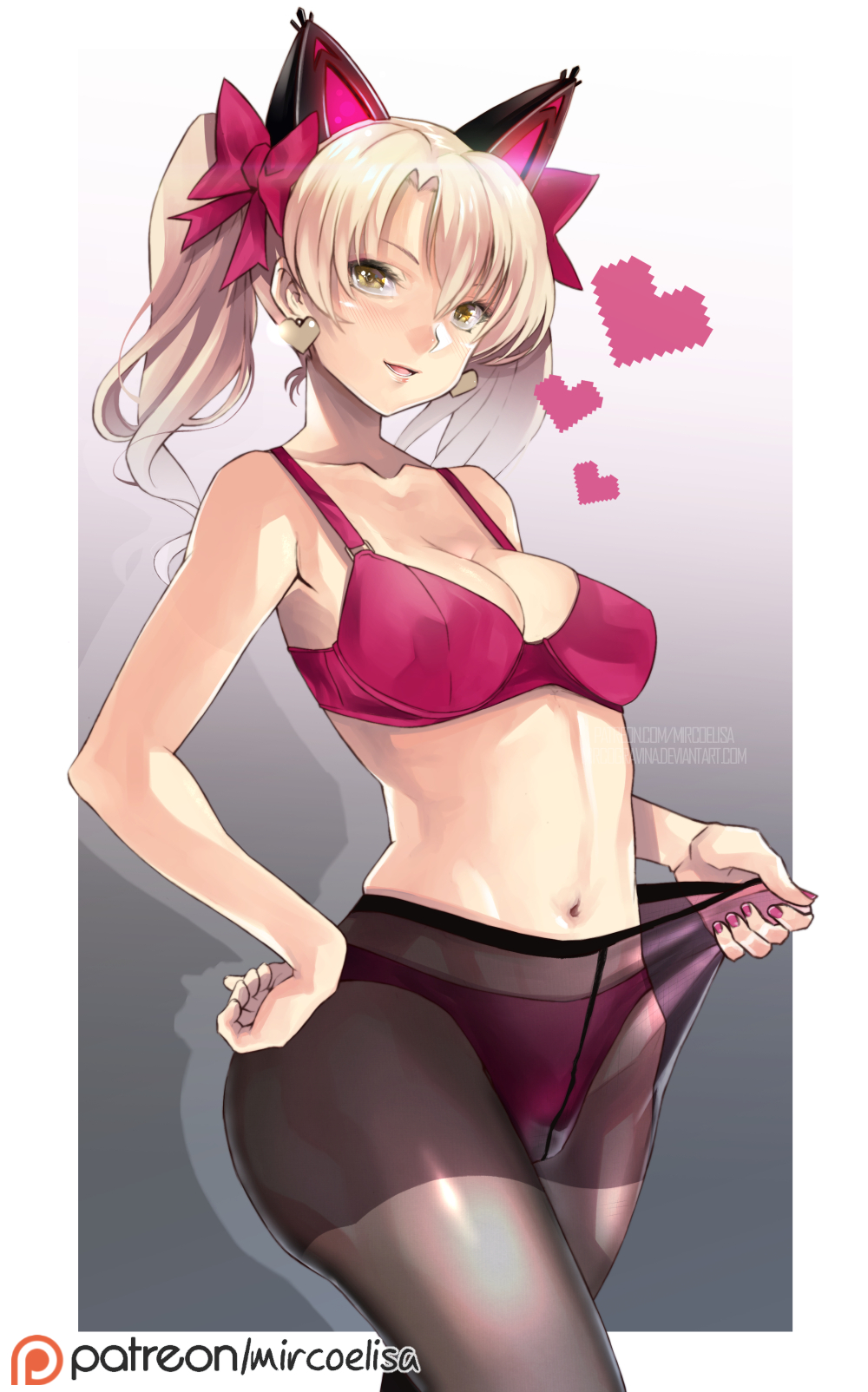 alternate_hair_color alternate_hairstyle animal_ears black_cat_d.va black_legwear blonde_hair bow bra breasts cat_ears commentary_request crotch_seam d.va_(overwatch) earrings fake_animal_ears hair_bow hand_on_hip heart heart_earrings highres jewelry light_blush looking_at_viewer medium_breasts navel open_mouth overwatch panties panties_under_pantyhose pantyhose pantyhose_pull pink_bra pink_panties smile solo stomach twintails underwear yellow_eyes yo-nashi