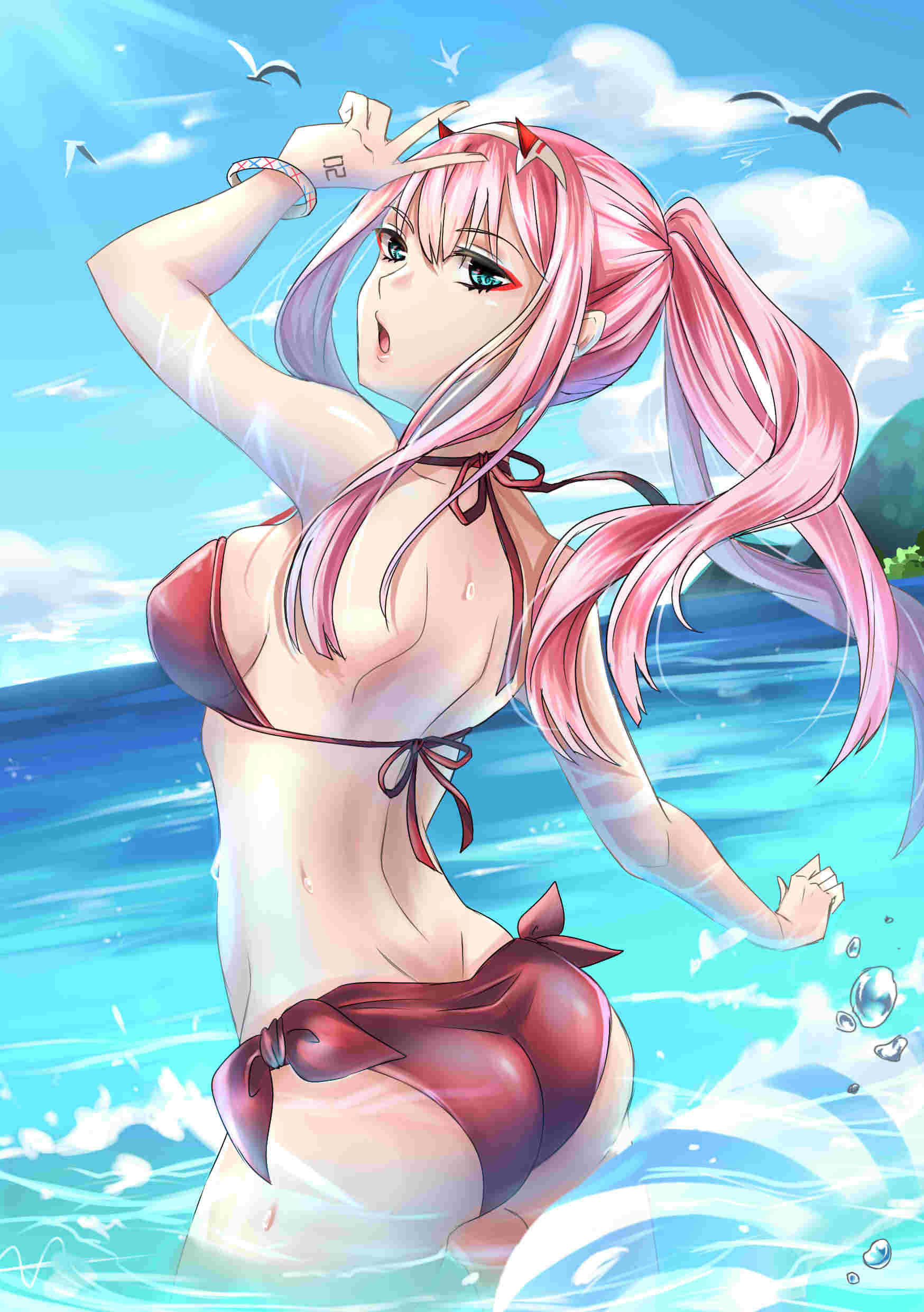 absurdres aqua_eyes arm_up ass bikini bird bracelet breasts commentary darling_in_the_franxx day eyebrows_visible_through_hair eyeshadow from_behind green_eyes hairband halterneck high_ponytail highres horns jewelry looking_back makeup ocean pink_hair ponytail red_bikini sideboob solo splashing straight_hair swimsuit v wading water_drop white_hairband yoru_47 zero_two_(darling_in_the_franxx)
