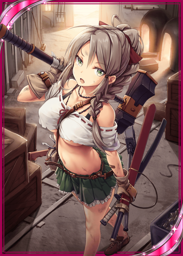 akkijin blacksmith box braid breasts brown_hair card_(medium) frilled_skirt frills furnace gloves green_eyes green_skirt hammer indoors medium_breasts official_art shinkai_no_valkyrie skirt solo sword underboob weapon